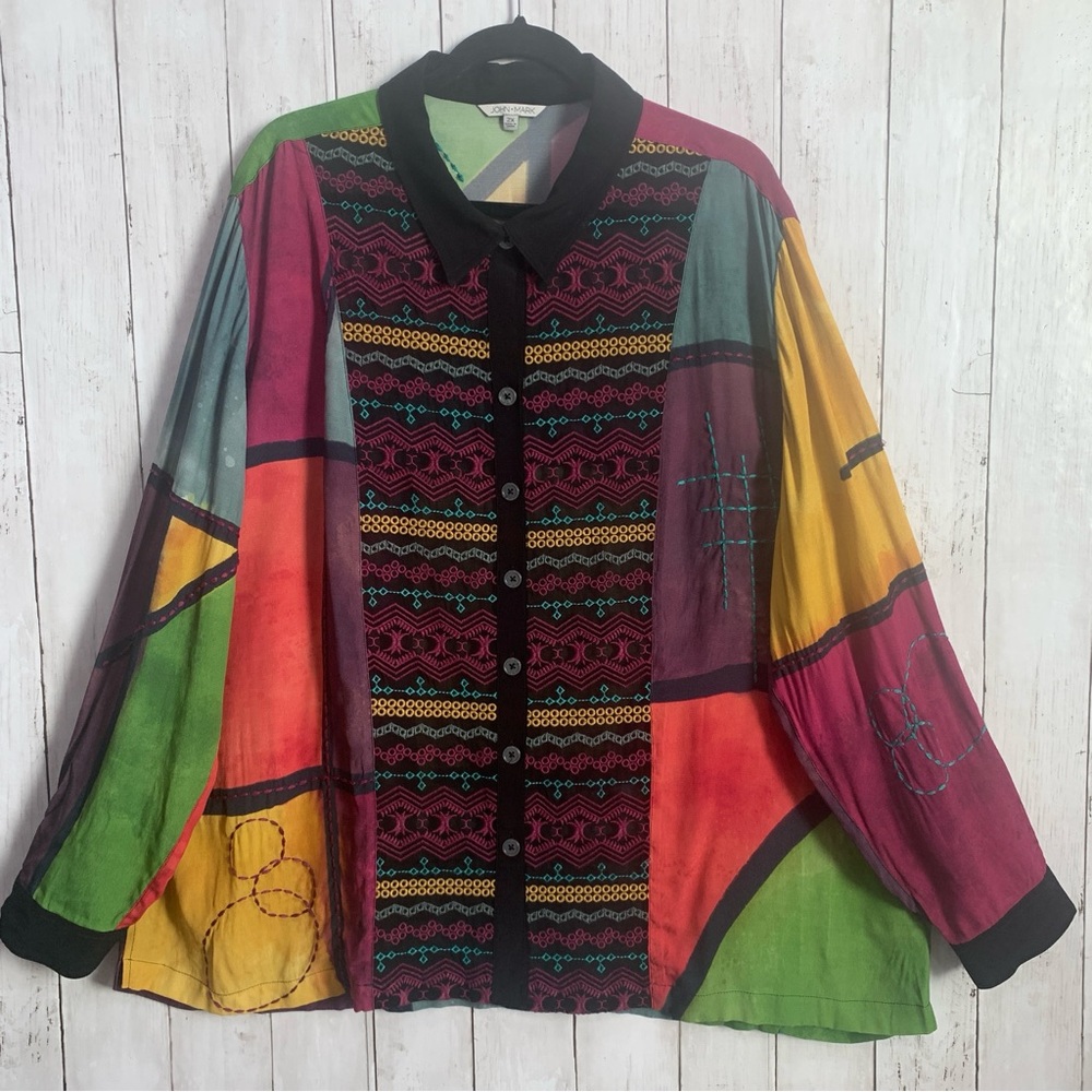 John Mark 2X Embroidered Patch Print Button Roll Tab Sleeve Boho Artsy Shirt
